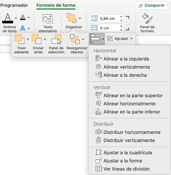 Alinear formas en Excel