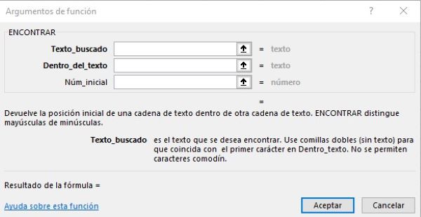 Argumentos de la función Encontrar en Excel