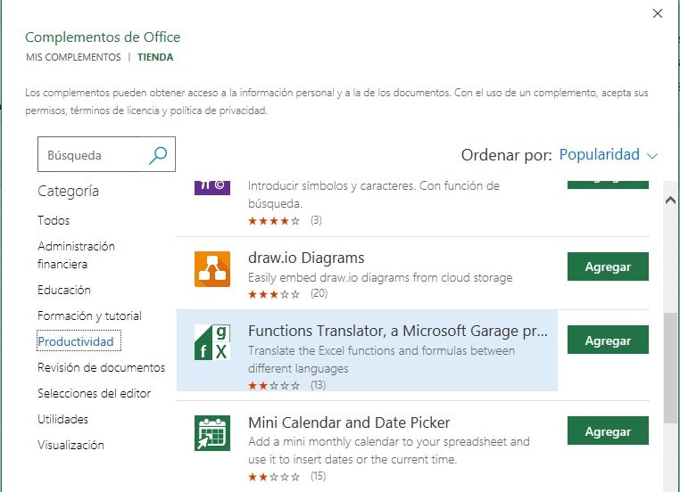Elegir el complemento Functions Traslator en la categoría Productividad