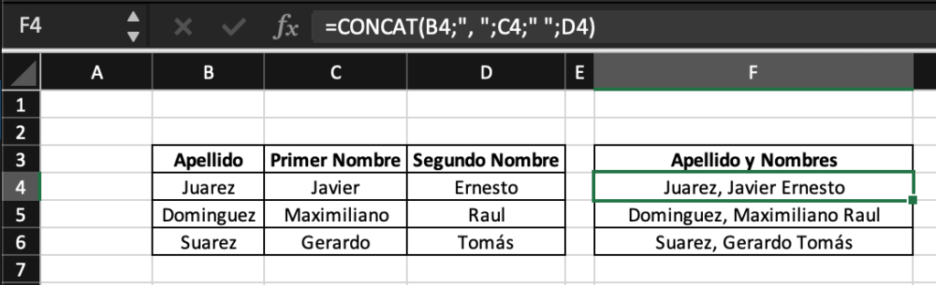 Cómo concatenar nombres en Excel