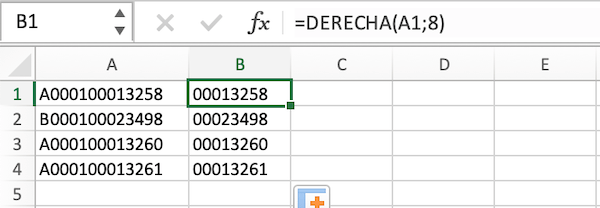 Ejemplo función Derecha para extraer números de facturas