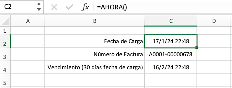 Ejemplo Función Ahora en Excel con carga de facturas