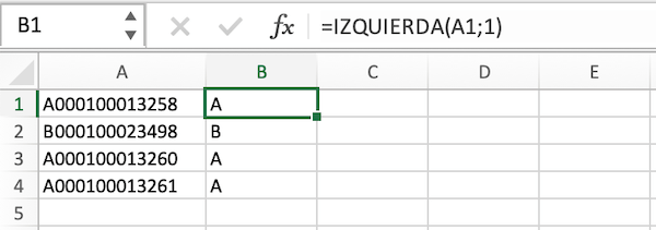 Ejemplo de la función Izquierda en Excel con números de factura