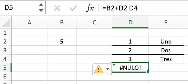 Error de #NULO! o #NULL! en Excel