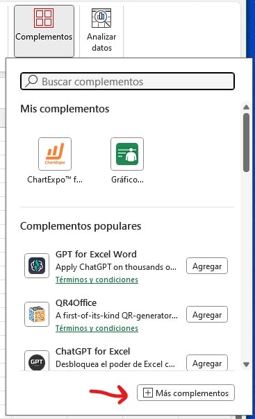 Pestaña Inicio - Complementos - Más Complementos