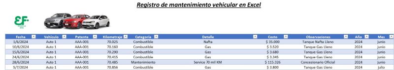 Planilla de registro de gastos vehiculares