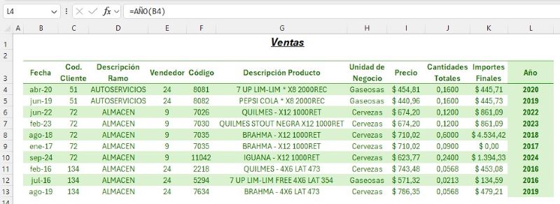 Tabla con ejemplo función Año